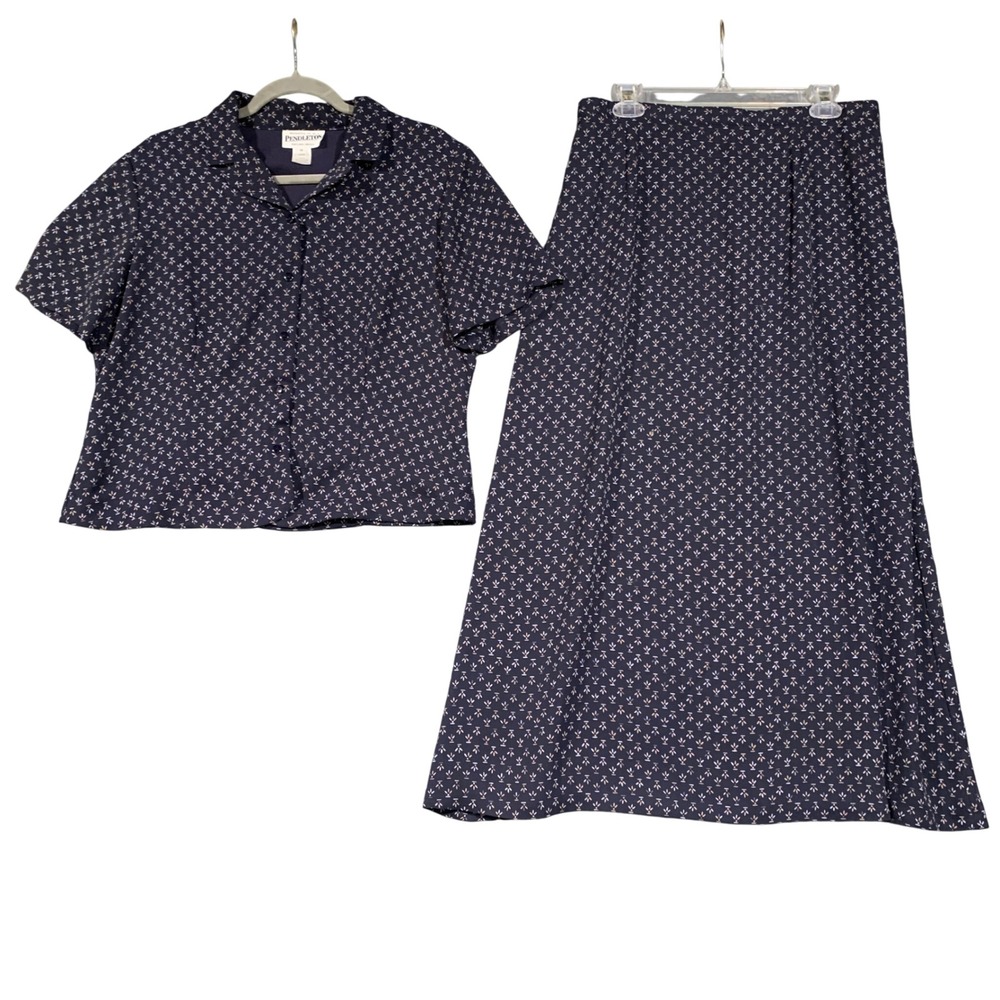 Pendleton Womens Navy Blue Floral Print 2 Piece Maxi Skirt Blouse Set Size 14